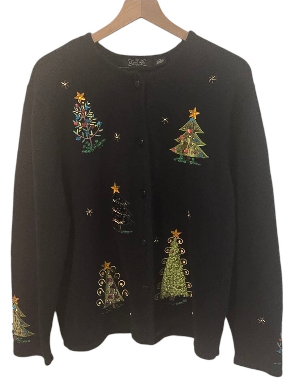 Vintage Crystal Kobe Embroidered Sequin Christmas Button Cardigan Sweater XL